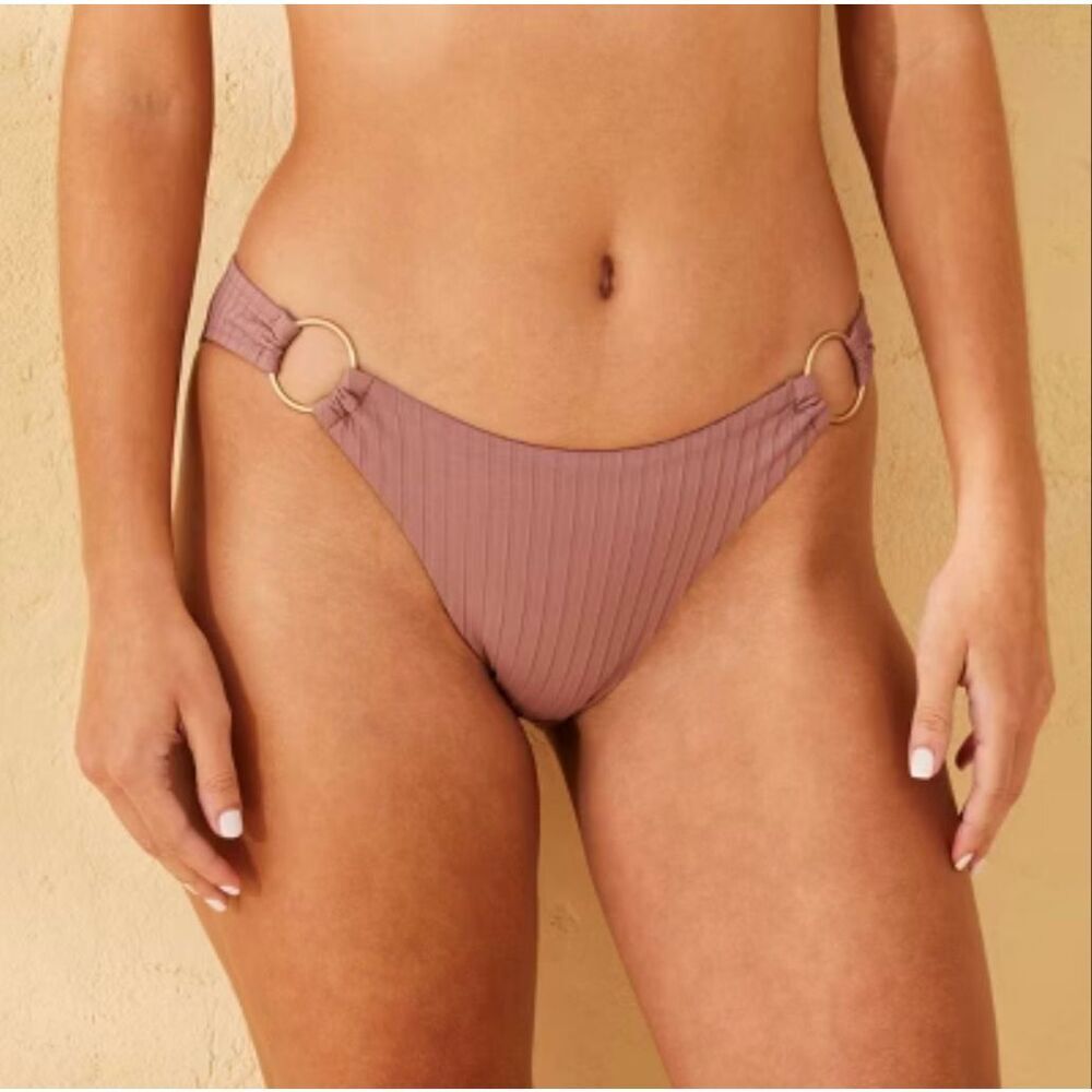 Shade and Shore Brown Ribbed Gold Ring Bikini Bottom Size Large New